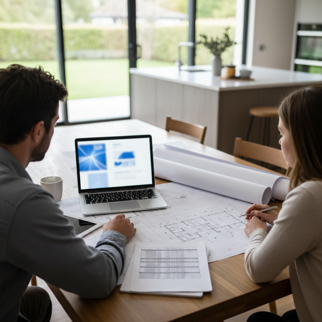 Homeowner and contractor reviewing garage conversion cost estimates and drawings at a table