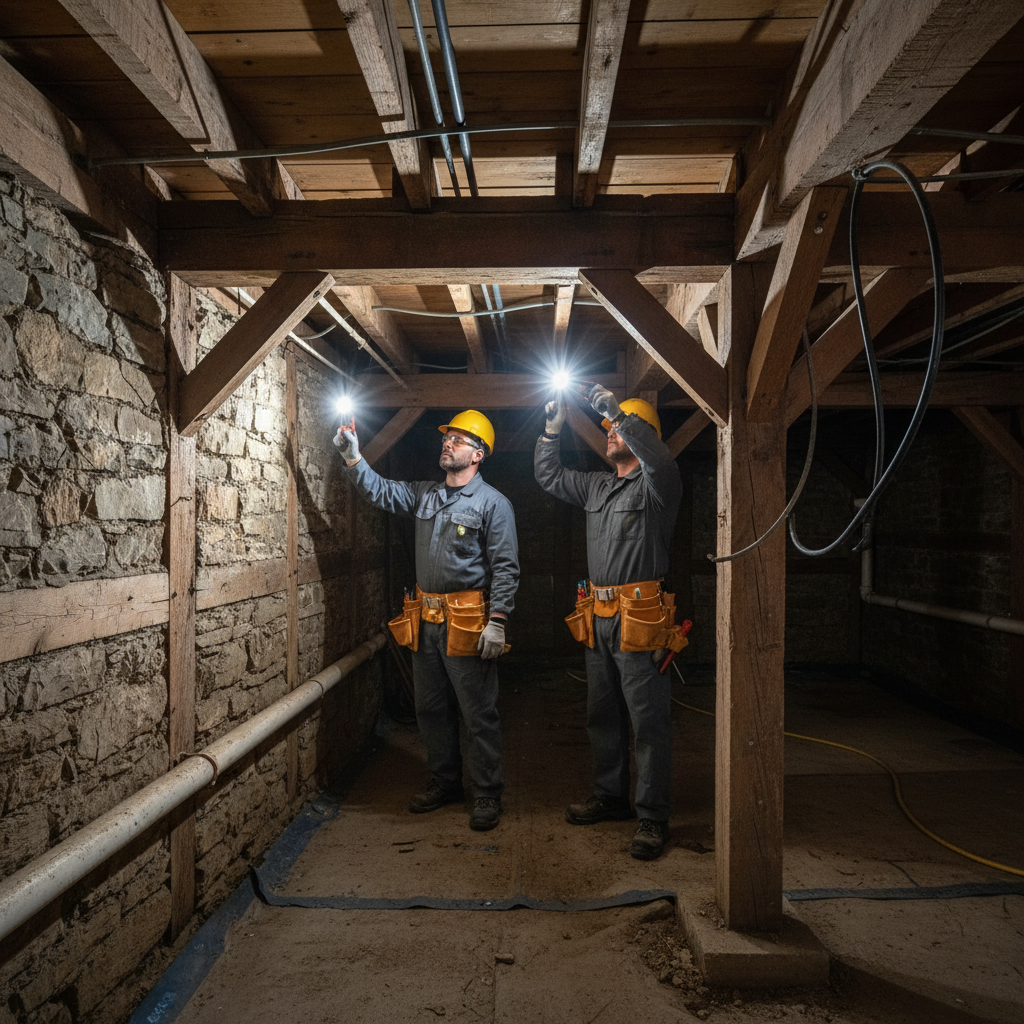 Renovation professionals inspecting the foundation and framing of an older home basement
