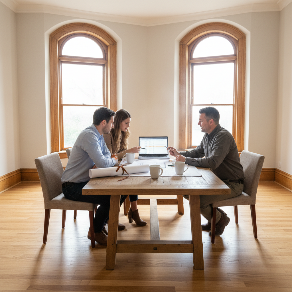 Homeowners reviewing renovation plans and budget with a contractor in a character home
