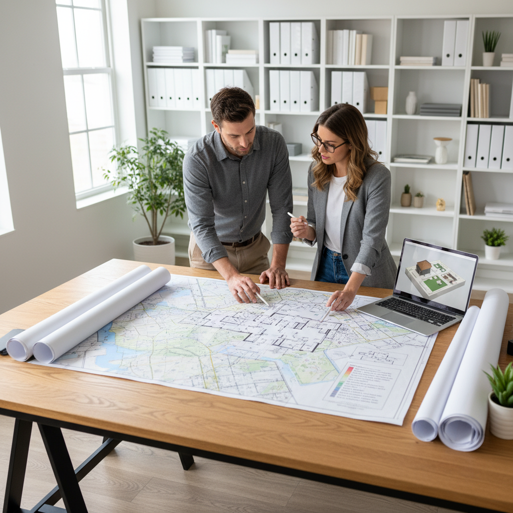 Homeowner and designer standing over blueprints and zoning maps while planning a home renovation checklist