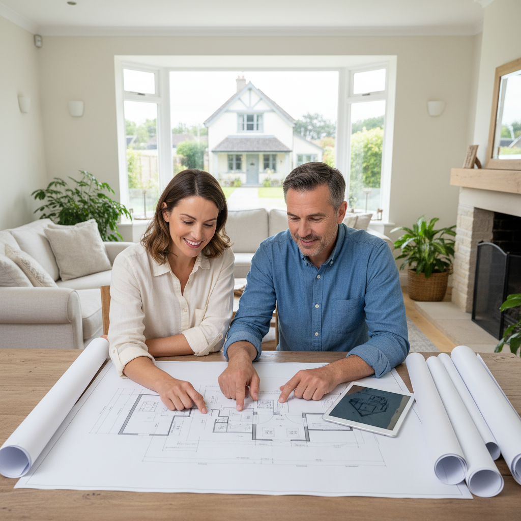 Homeowner and contractor reviewing small house addition plans at a table