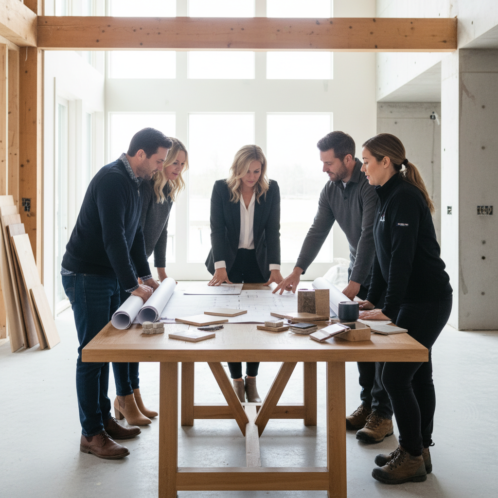 Design-build team meeting with homeowners over custom home plans