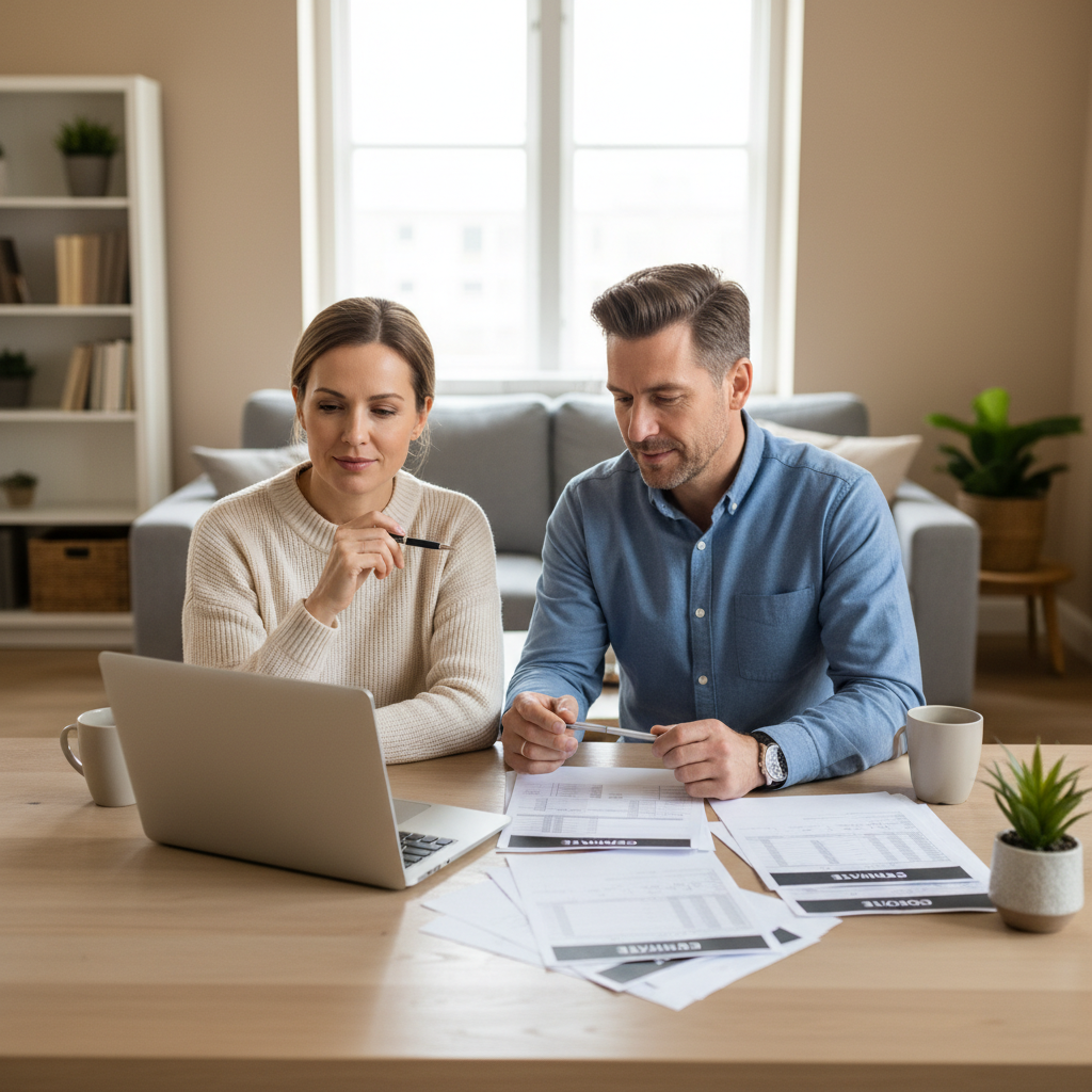 Homeowners at a dining table reviewing multiple home renovation contractor quotes on paper and laptop.