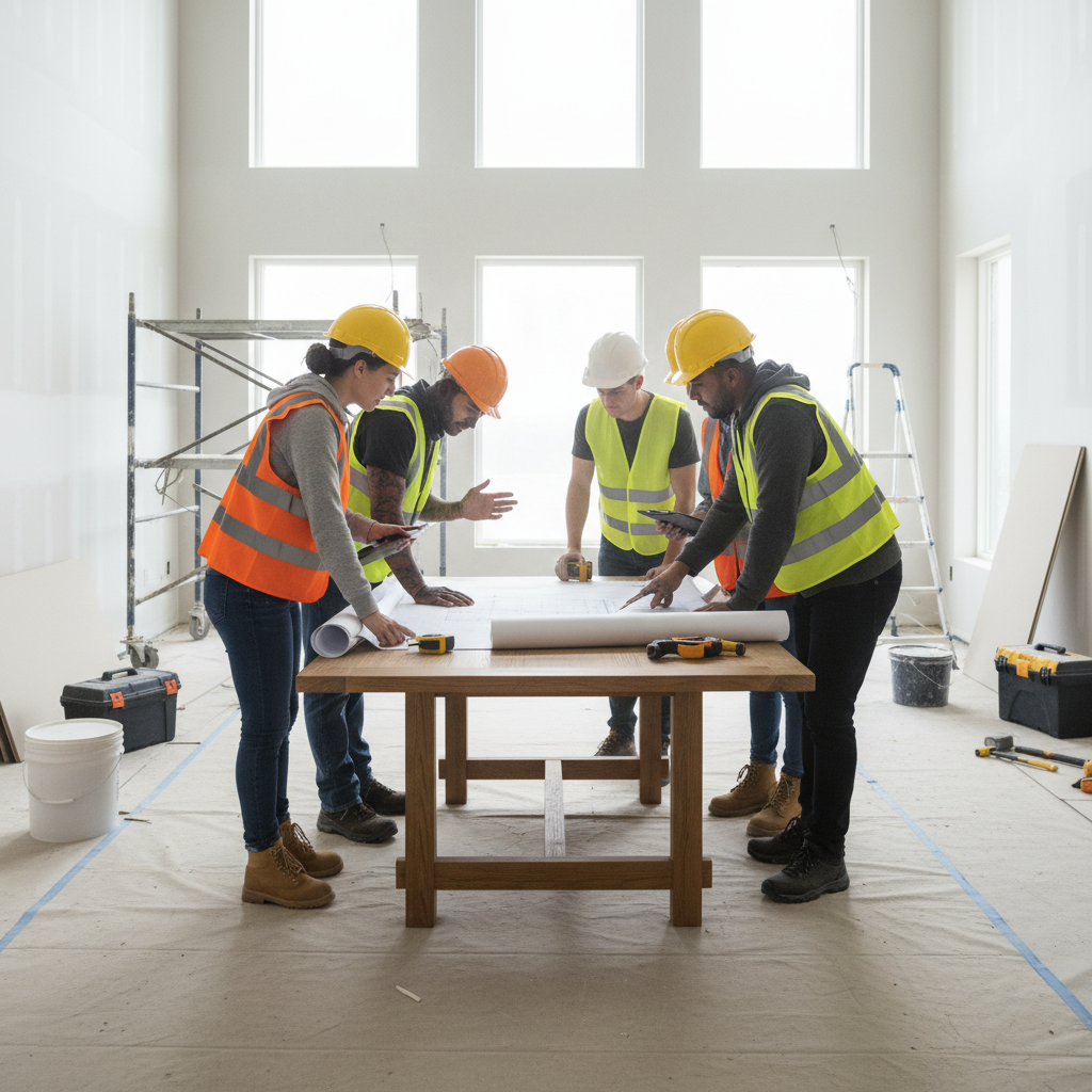Small construction team gathered around a table reviewing renovation plans in an open-concept space.
