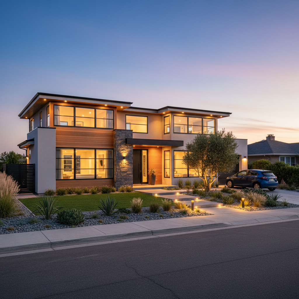 Well-insulated suburban home in a mild coastal climate at dusk