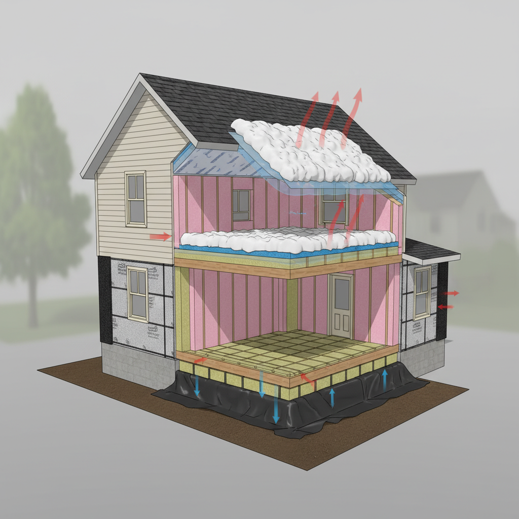Cutaway view of a house showing attic, wall, and crawlspace insulation