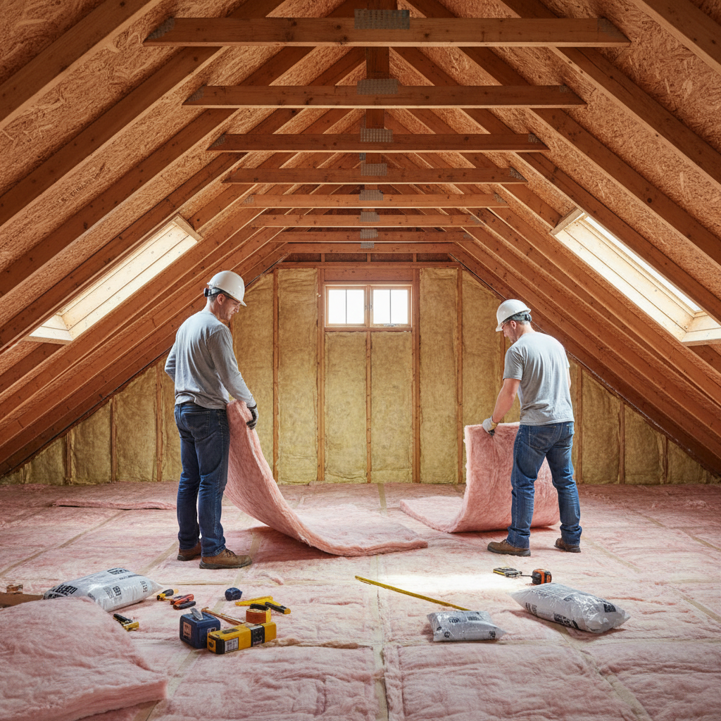 Insulation contractors installing batts in a residential attic