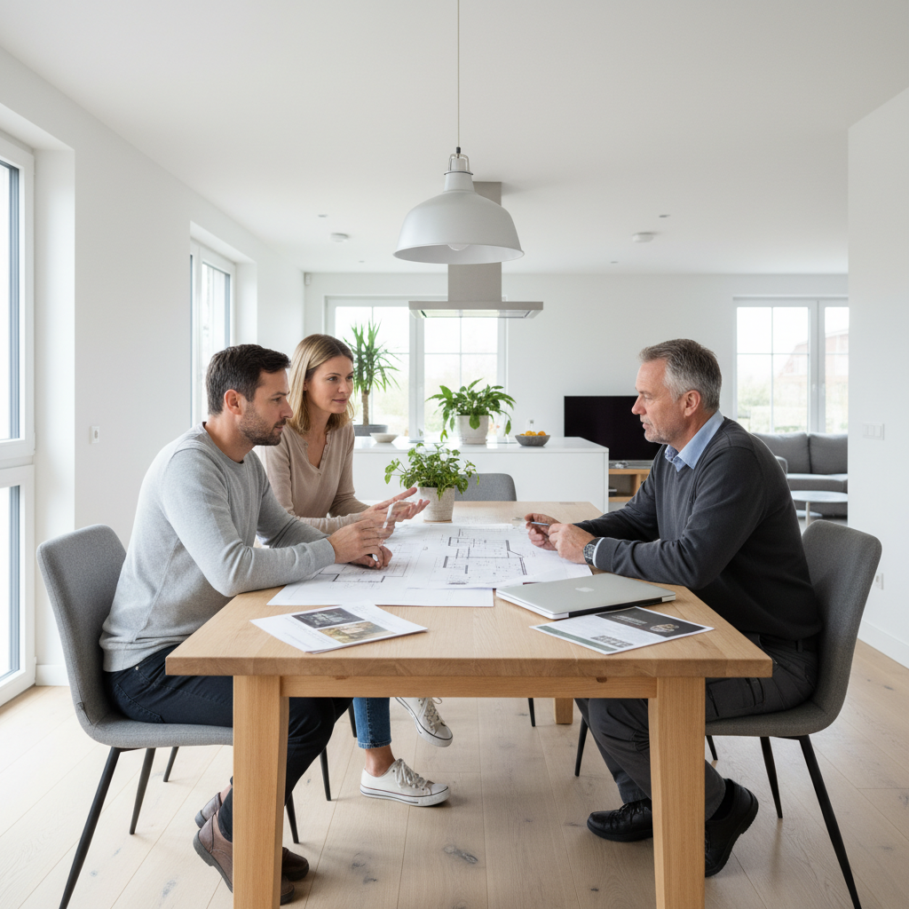 Homeowners reviewing an insulation quote with a contractor at their kitchen table