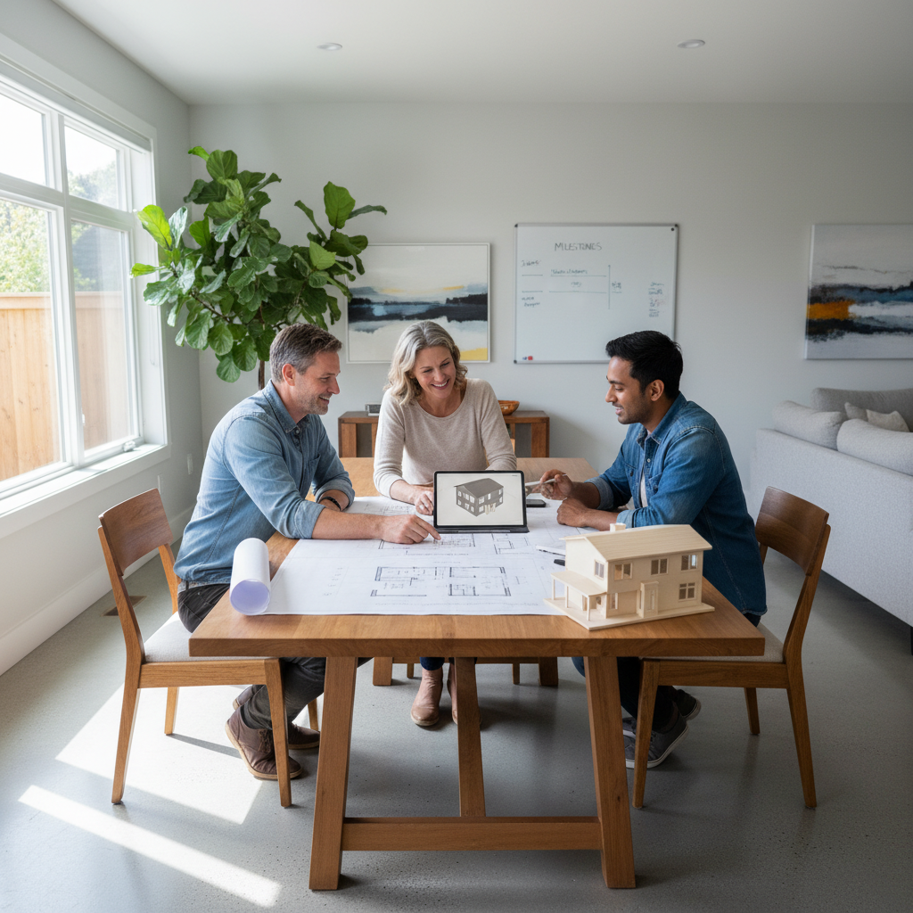 Homeowners reviewing house plans with a designer at a table