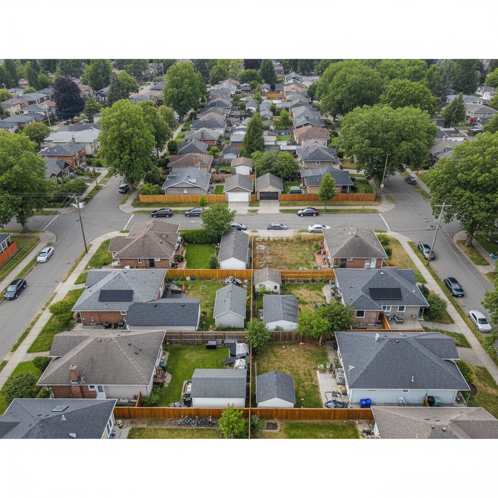 Aerial view of a neighbourhood with back lanes and small detached homes