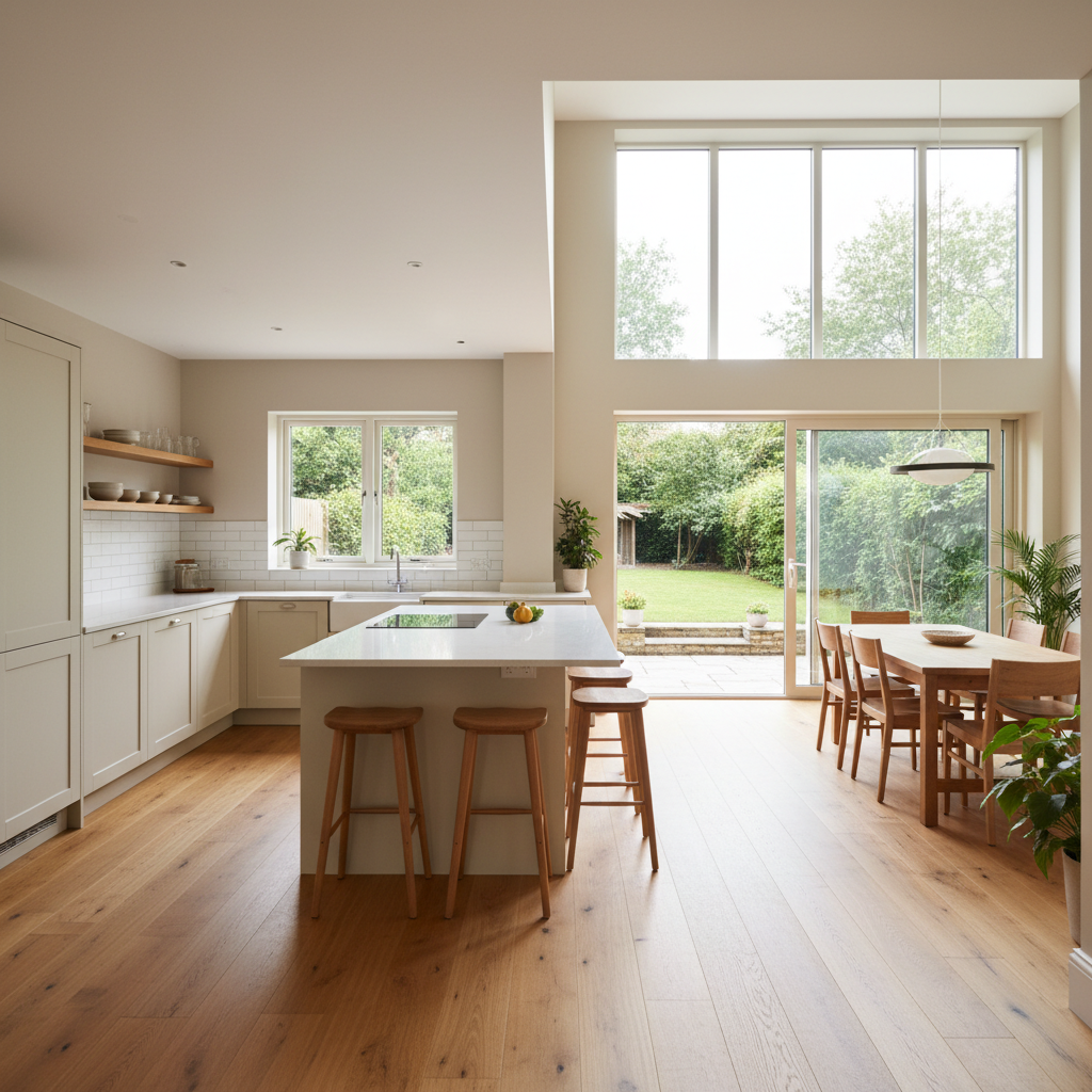 Open-concept kitchen and dining area with a rear bump-out home addition and large patio doors to the backyard