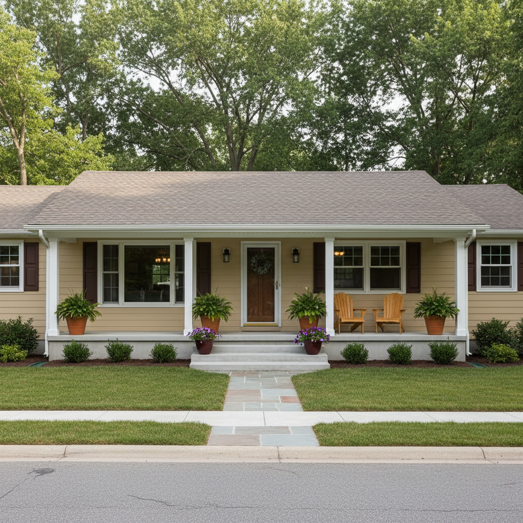 Single-storey ranch style house with a new full-width front porch home addition viewed from across the street