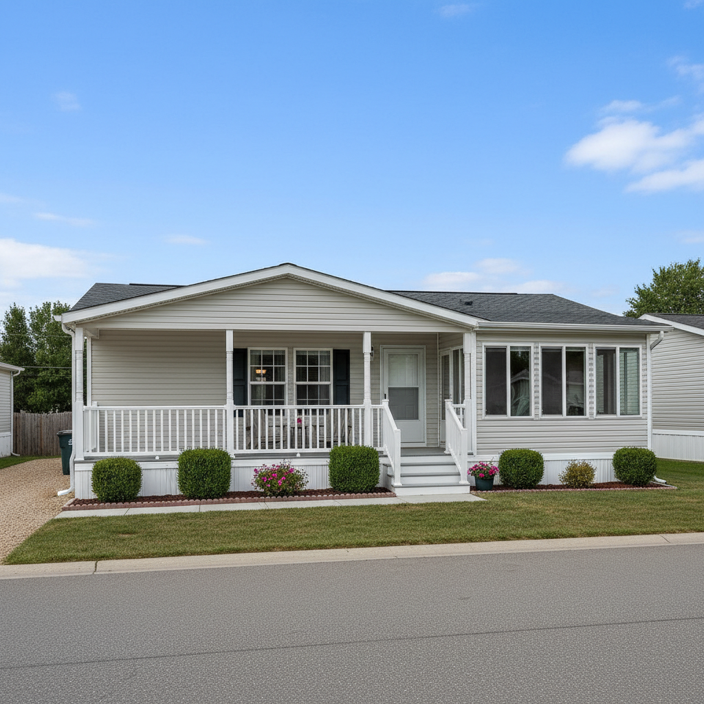 Single wide mobile home with a simple side sunroom and covered porch addition viewed from the street