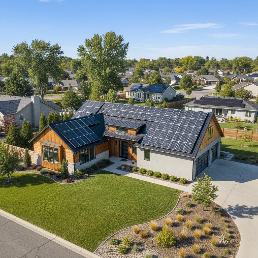 Modern home with a simple roof covered in solar panels as part of net zero house design