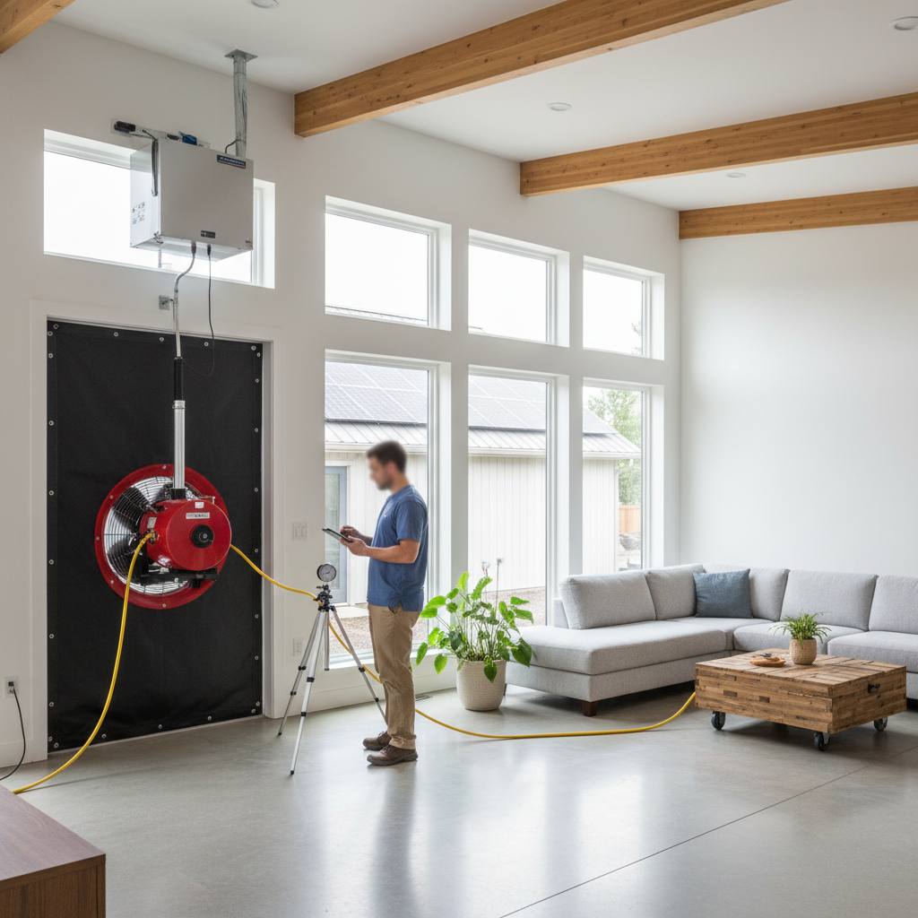 Technician performing a blower door airtightness test in an energy-efficient home