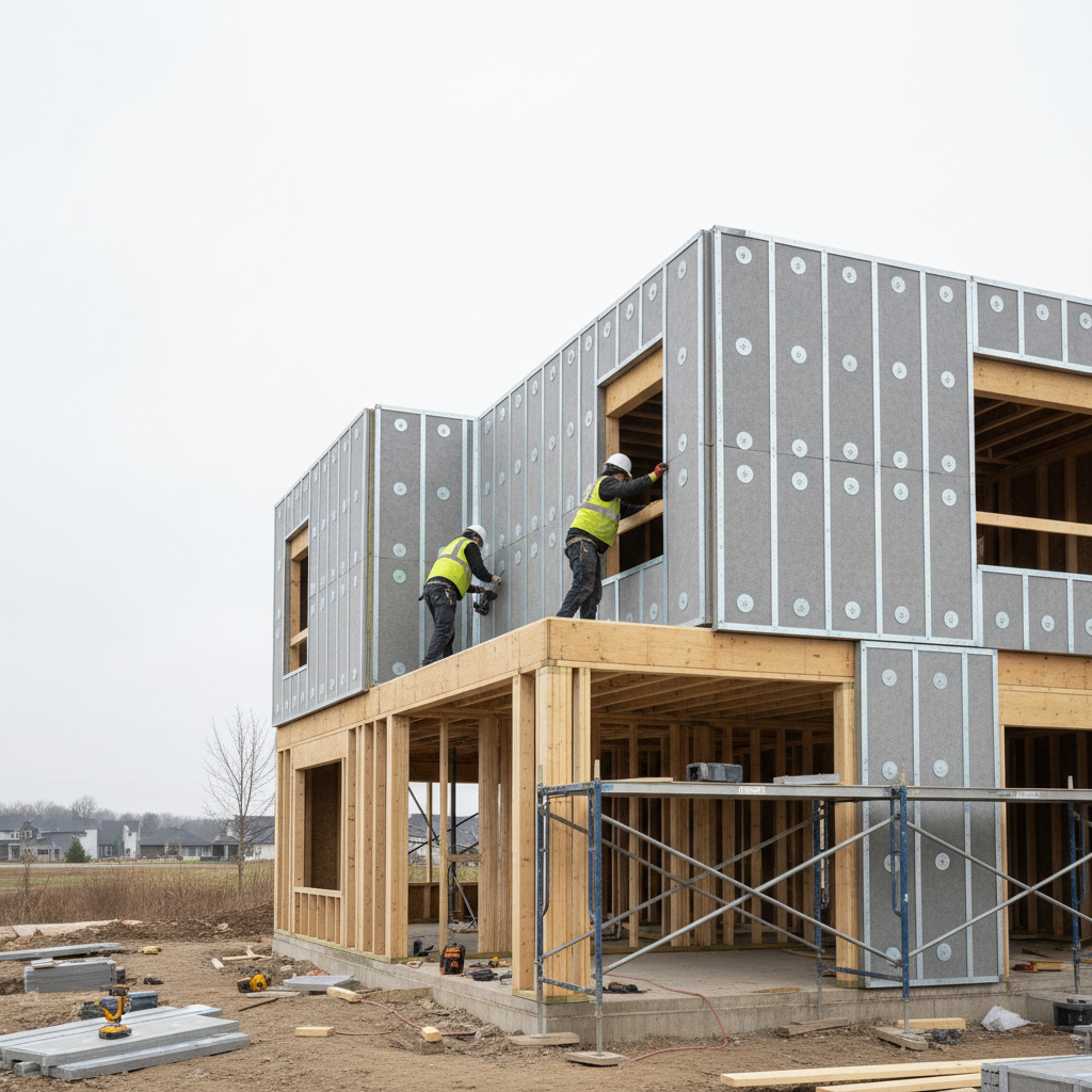 Construction crew installing high-performance exterior insulation for a net zero house design