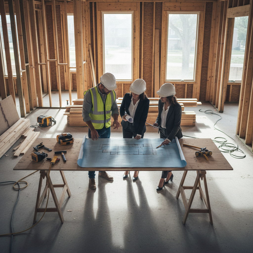 General contractor, architect, and designer reviewing house plans inside a partially renovated home