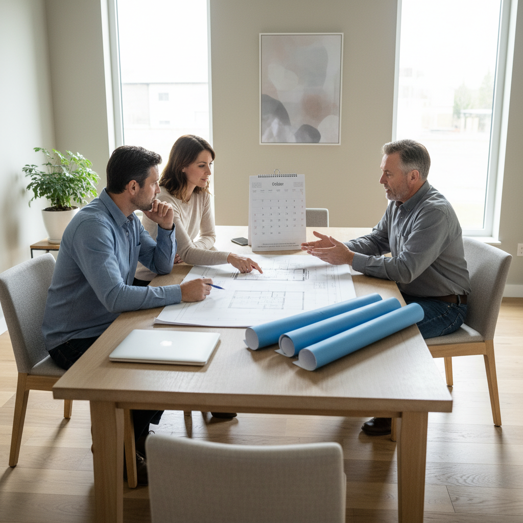 Homeowners and contractor reviewing a home renovation timeline and plans at a dining table