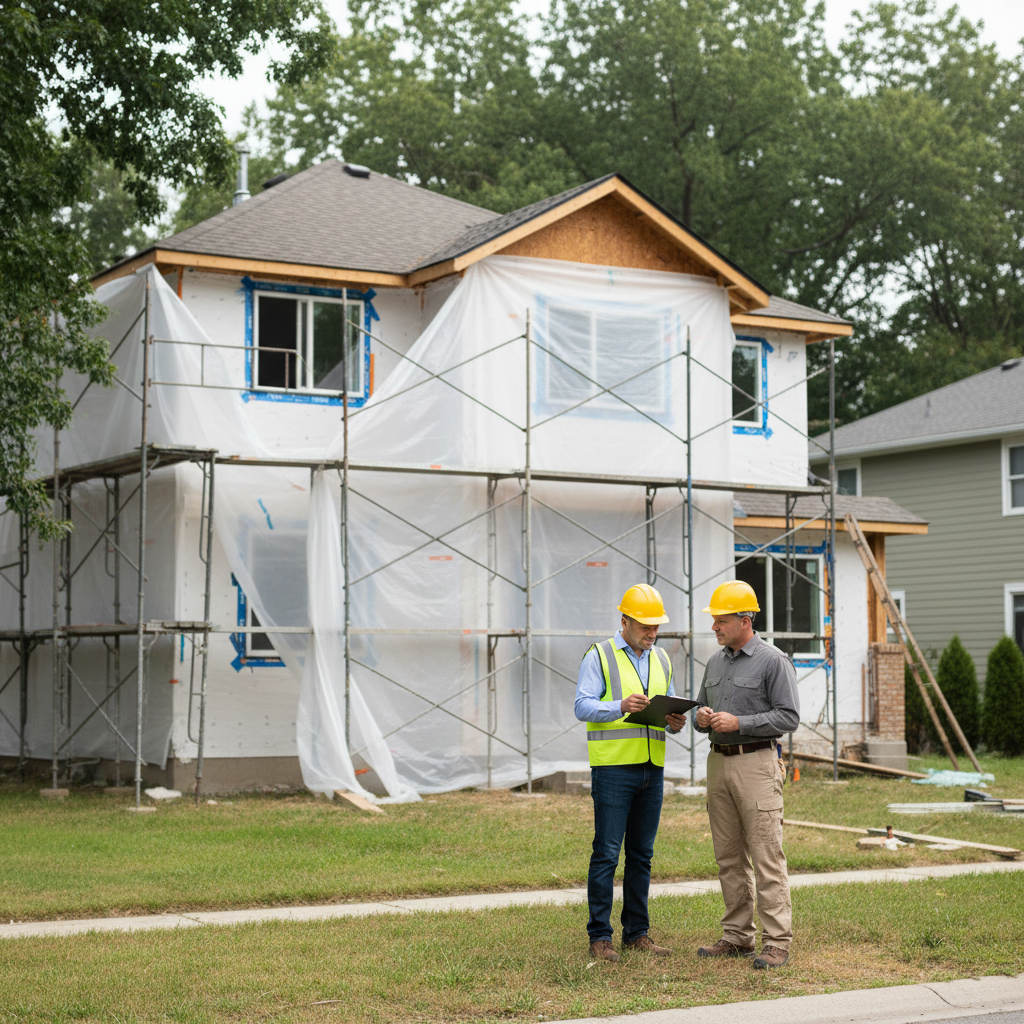 Building inspector and contractor reviewing renovation permits and plans outside a house