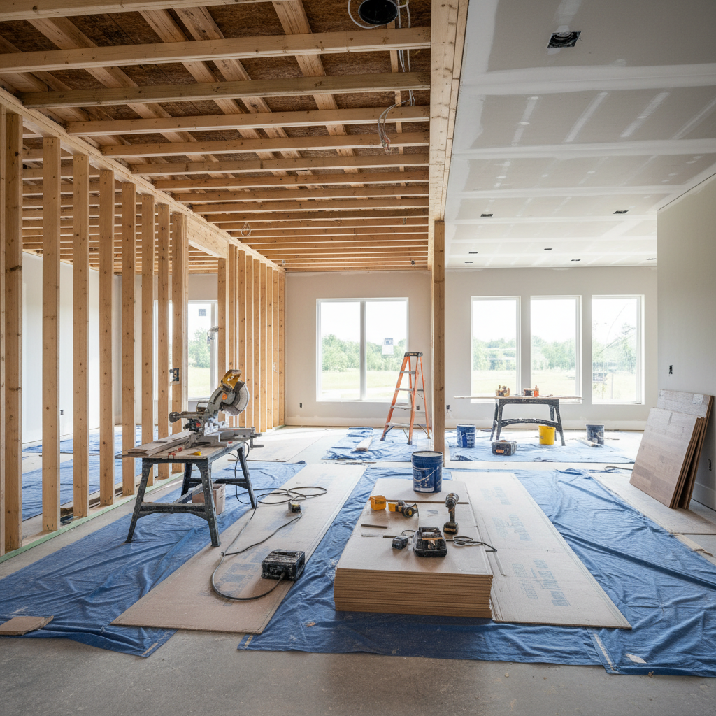 Modern home interior under renovation showing staged construction milestones