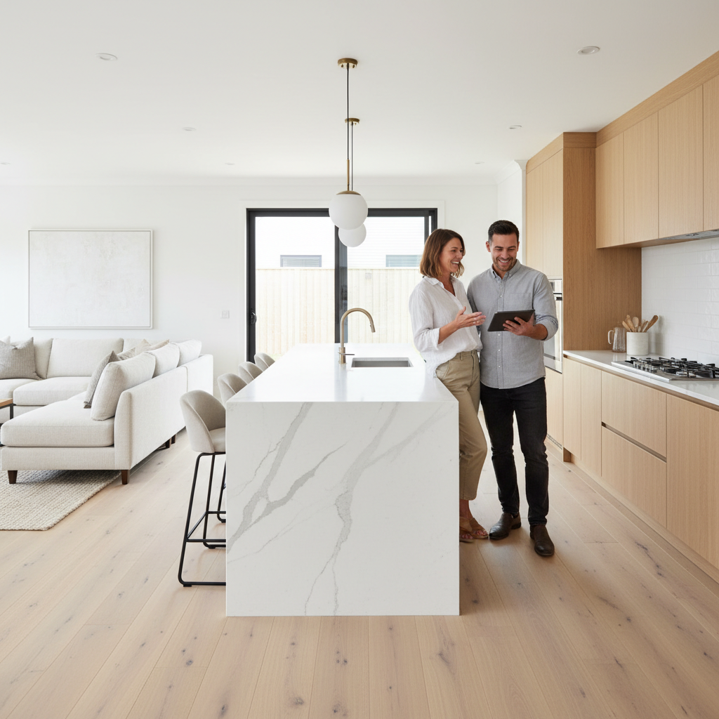 Design-build contractor reviewing a home renovation plan with homeowners in a finished kitchen and living area