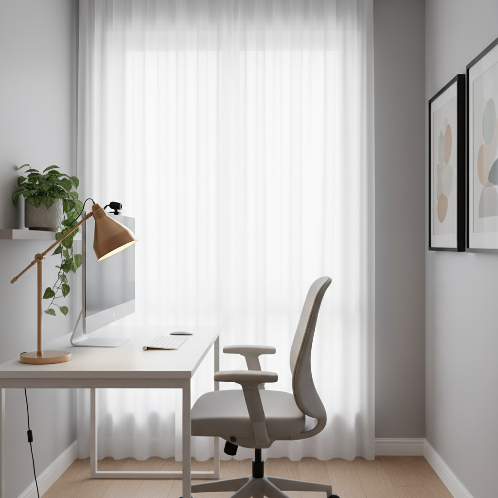 Home office desk facing a window with soft lighting and webcam at eye level