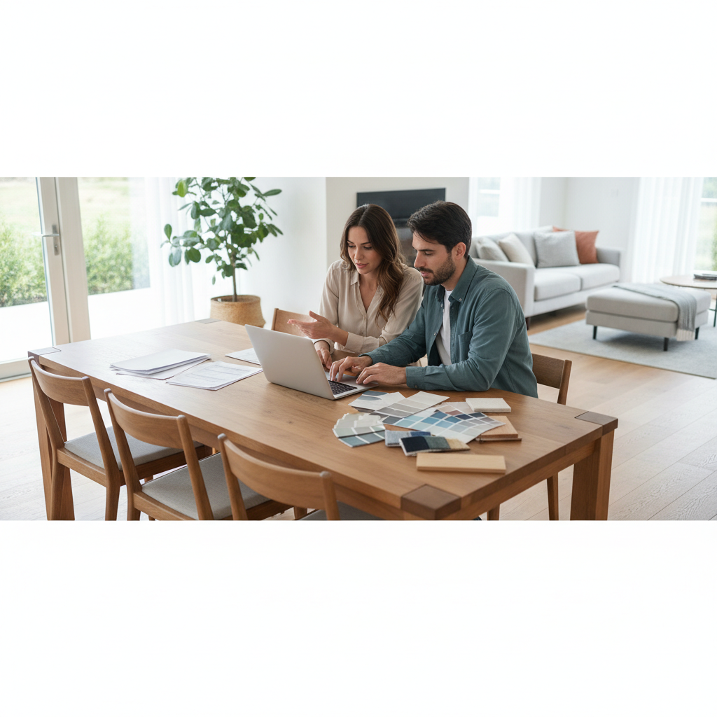 Couple reviewing a home renovation budget with a laptop and paperwork at a dining table