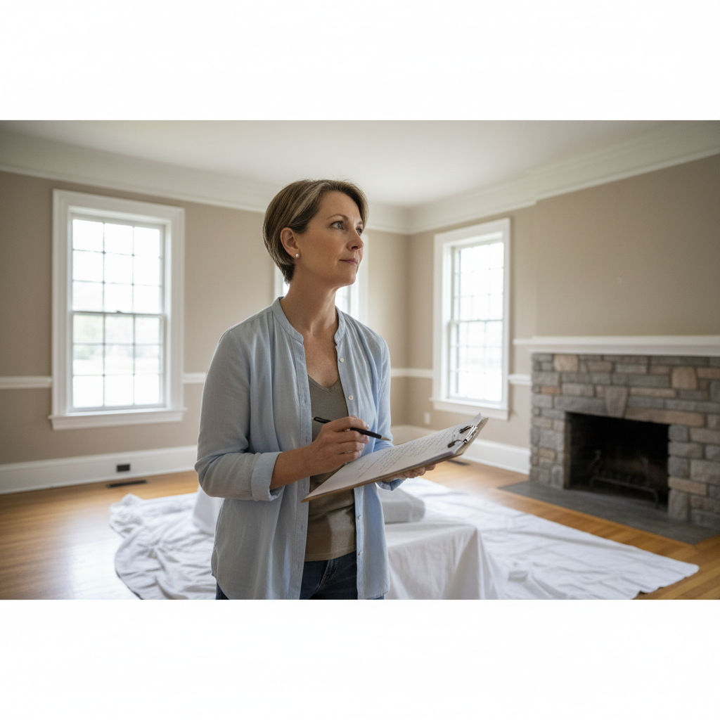 Homeowner walking through a house with a clipboard to plan the room-by-room renovation scope