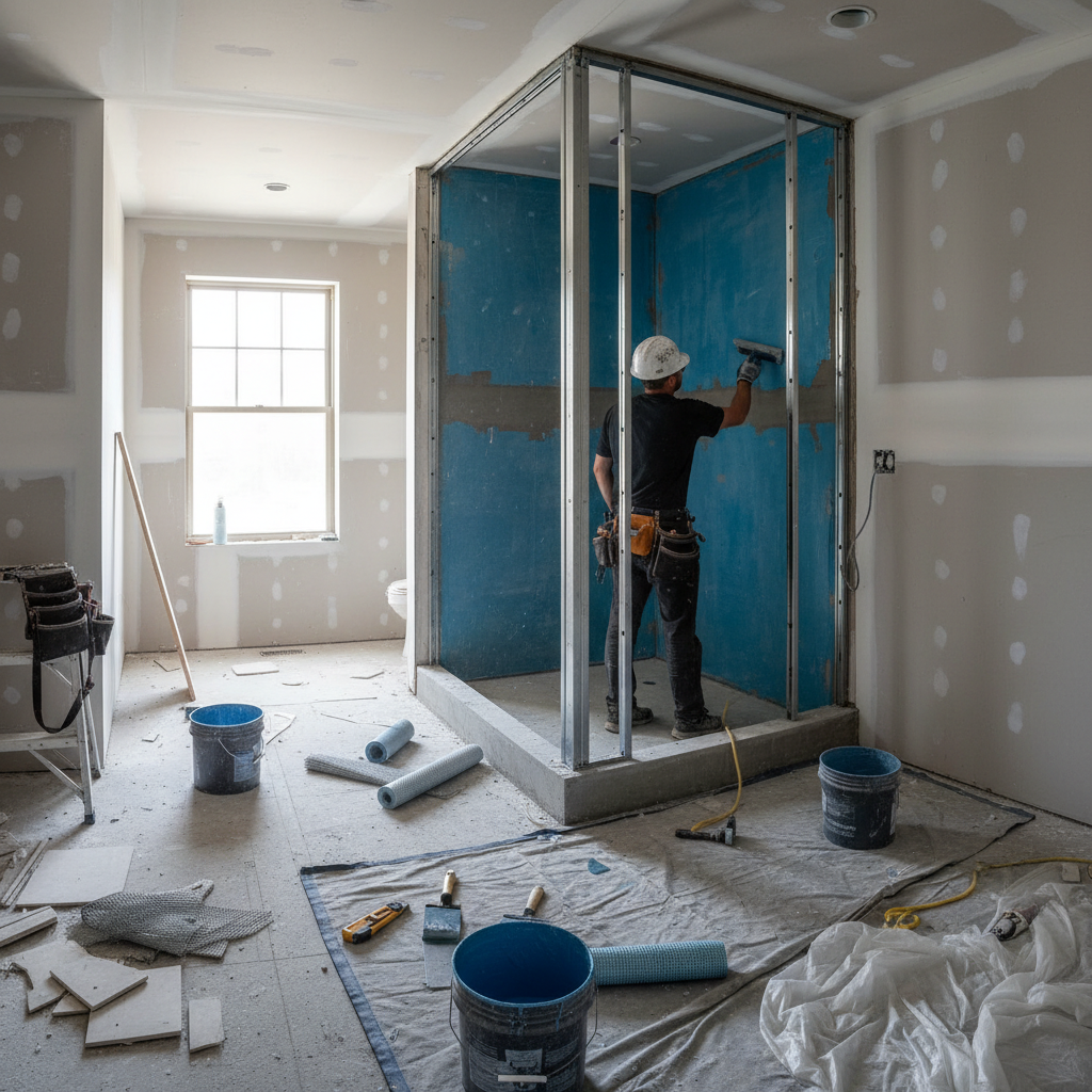 Contractor applying waterproofing membrane to shower walls and floor during a bathroom remodel
