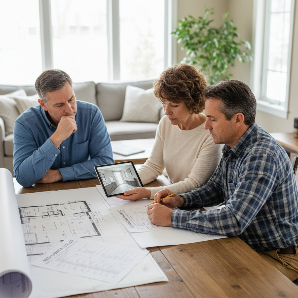 Homeowners reviewing bathroom remodel plans and budget with a contractor at a table