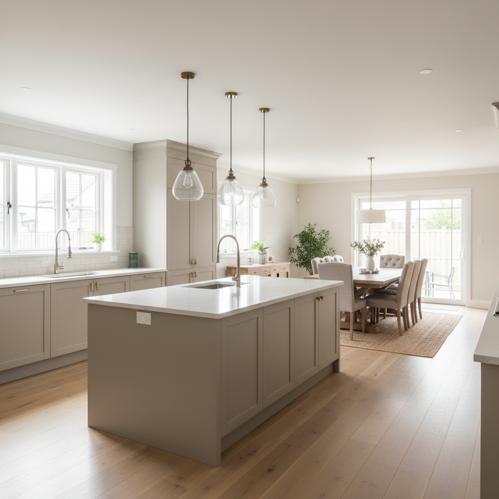 Open concept kitchen and dining area with central island where a wall once stood
