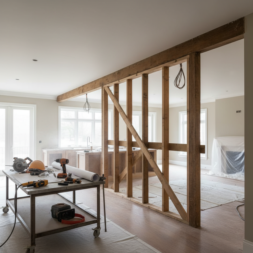 Partially renovated open concept kitchen with exposed beam and temporary supports