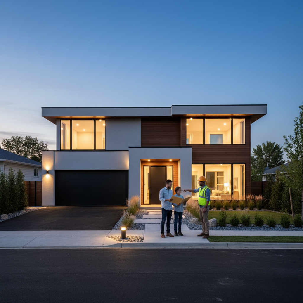 Family standing with a contractor in front of their completed modern home at dusk
