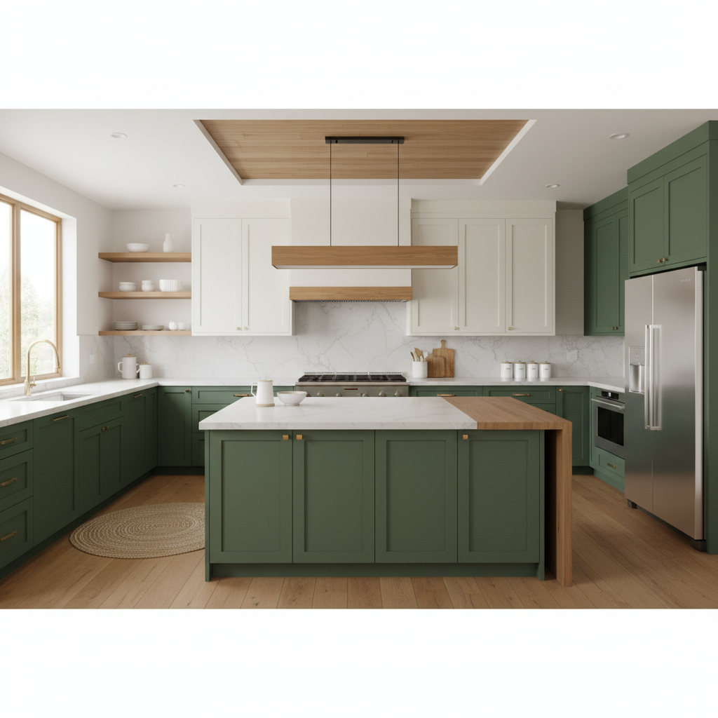 Modern kitchen with muted green lower cabinets and light upper cabinets