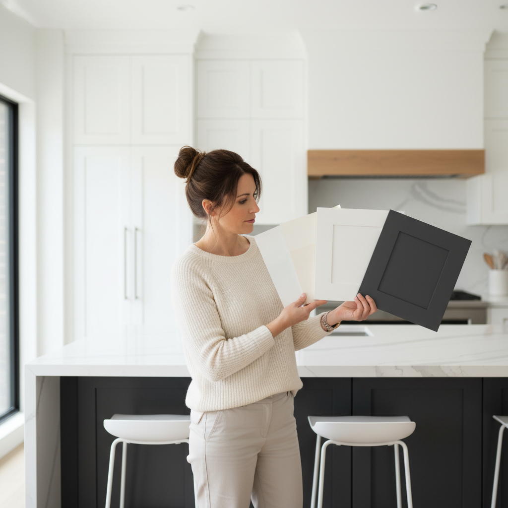 Designer comparing white paint and cabinet samples in a kitchen with dark grey island