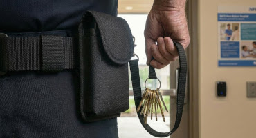 security officer wearing protec belt kit with key lanyard.