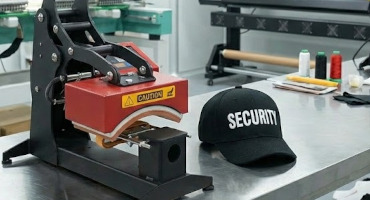 cap printing machine with printed cap nearby