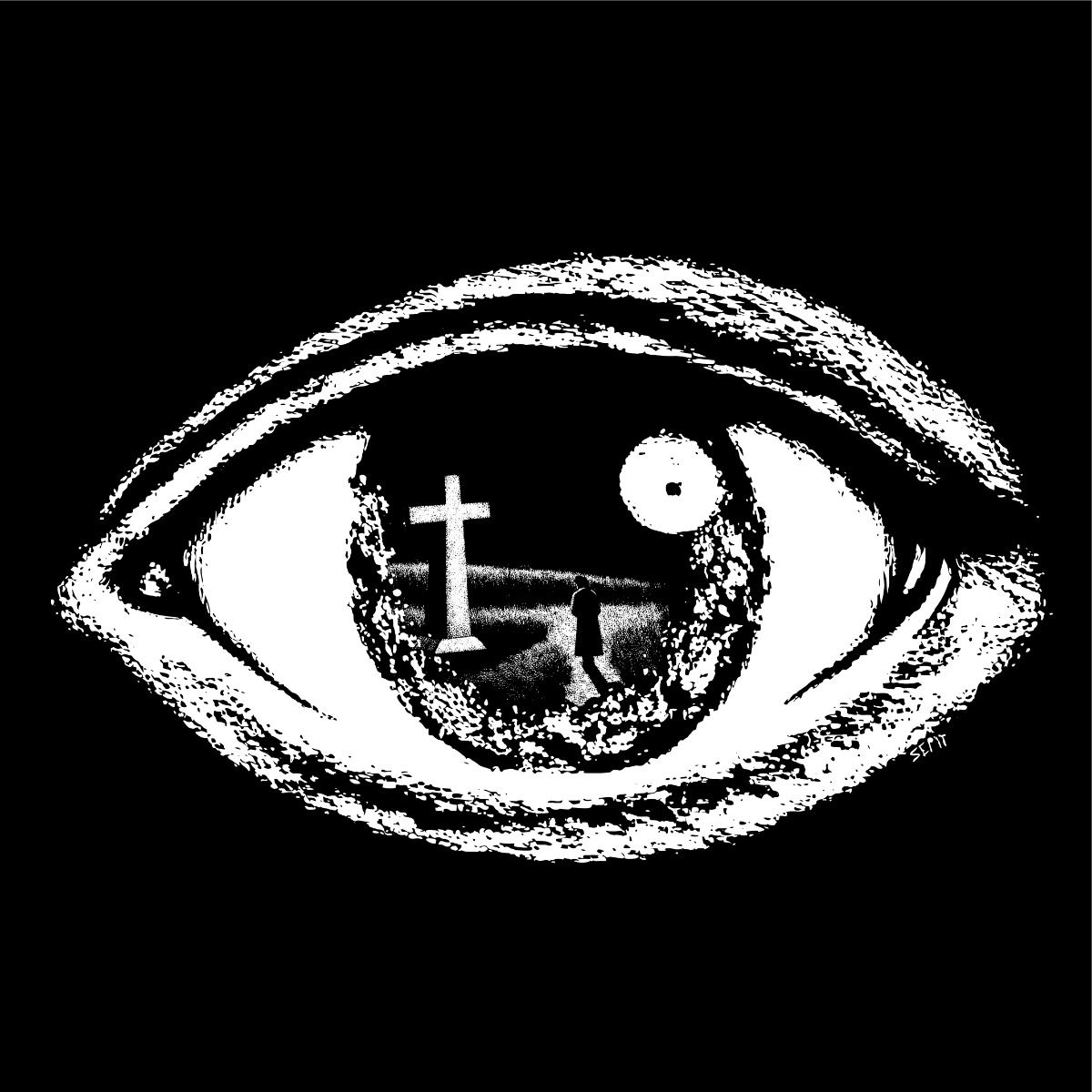 Black and white illustration of a large eye with a silhouette of a person walking near a cross grave and full moon reflected in the pupil.