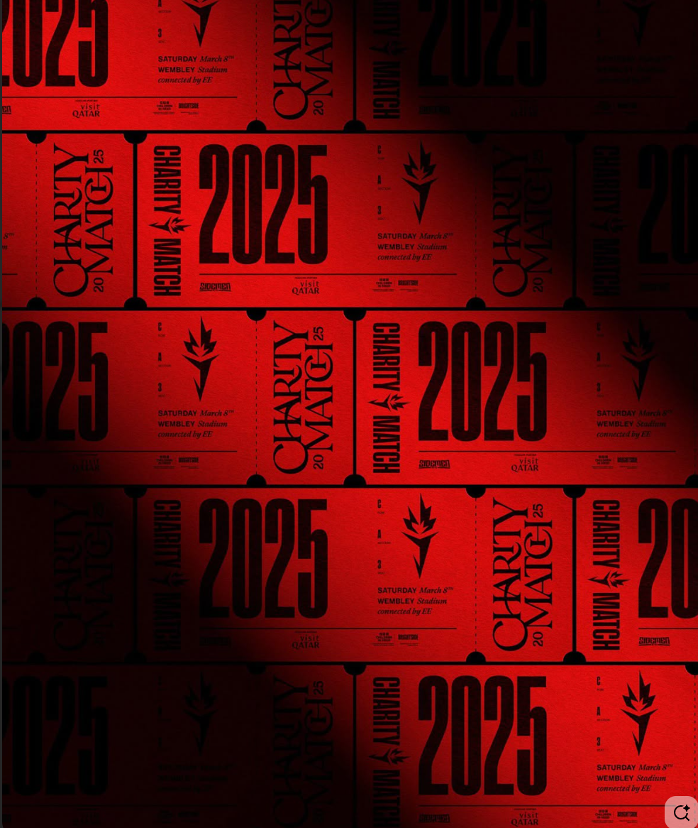 Red patterned background featuring repeated text '2025' and 'Charity Match' with event details for Saturday March 8 at Wembley Stadium.