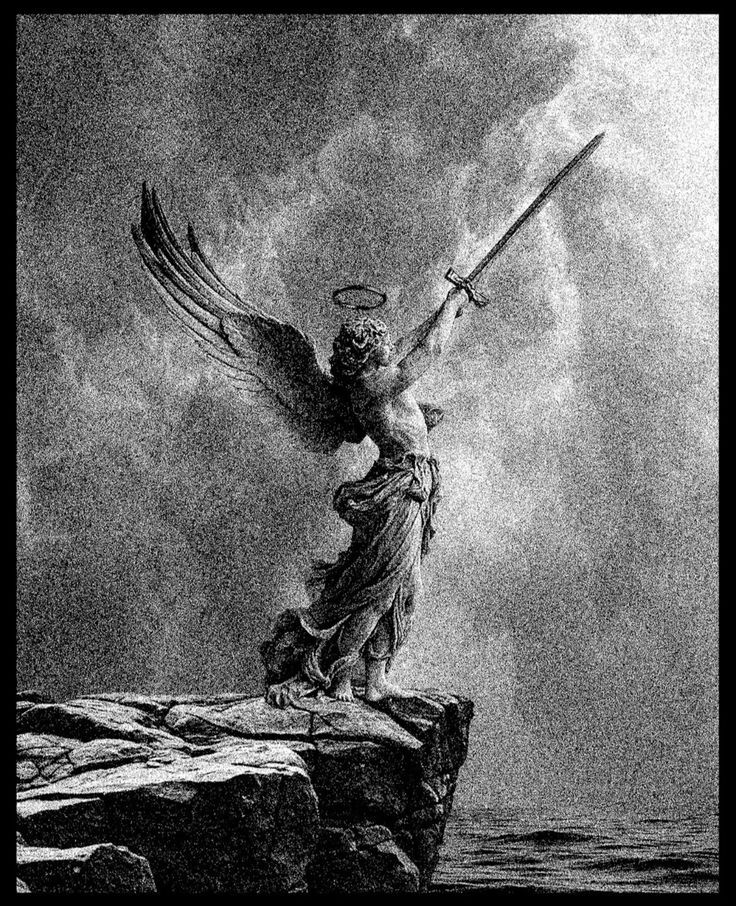 Black and white illustration of an angel with wings and a halo standing on a rocky cliff, raising a sword toward the sky.
