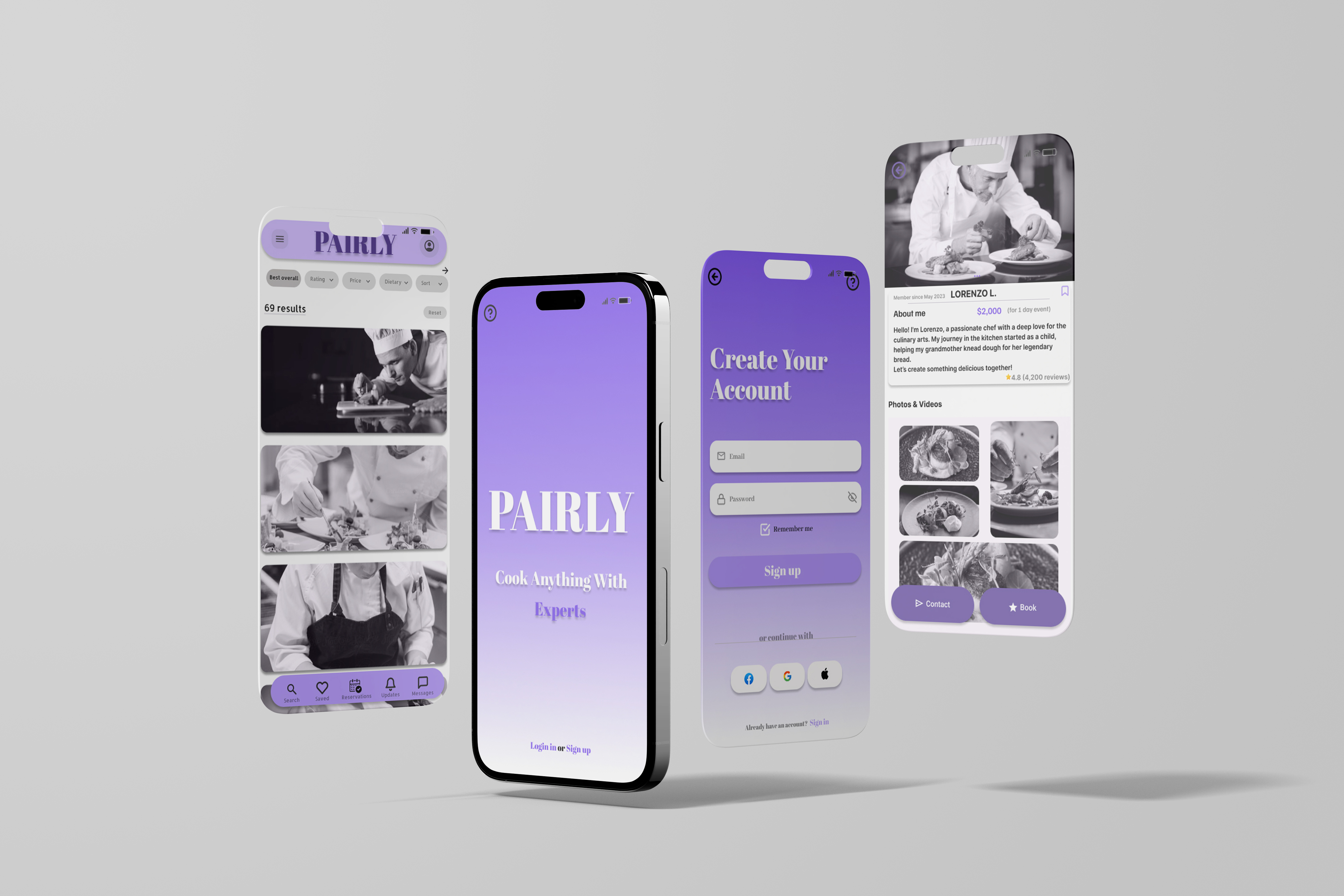 Four smartphone screens displaying the Pairly cooking app, including home, search results, account creation, and chef profile pages.