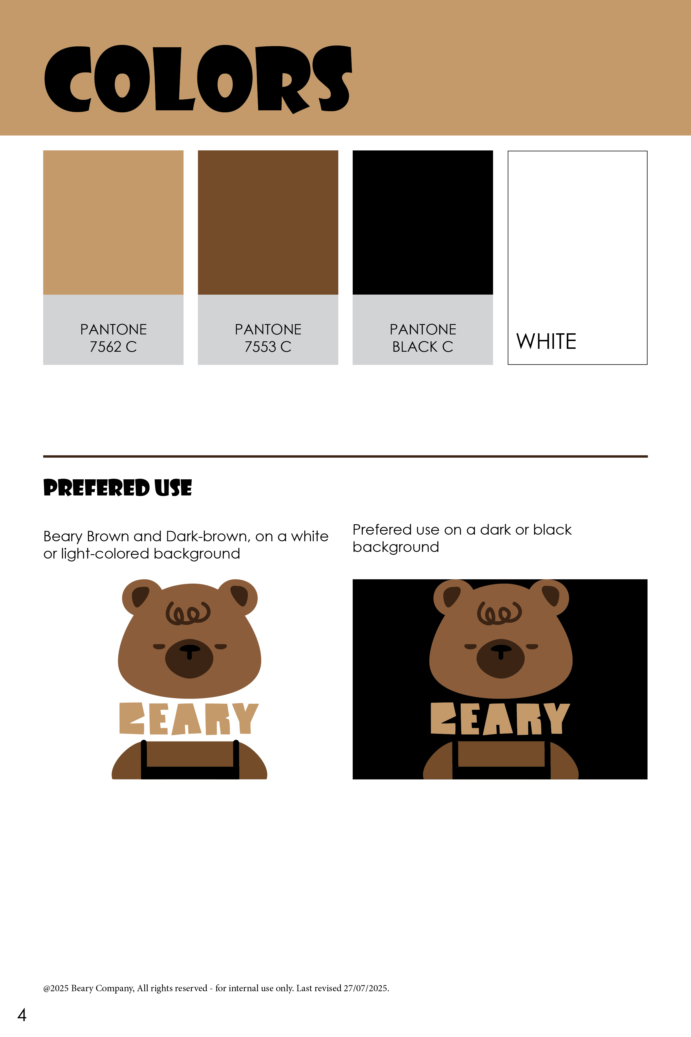 Color palette with Pantone 7562 C, 7553 C, Black C, and White, showing preferred use of a brown bear logo on light and dark backgrounds.