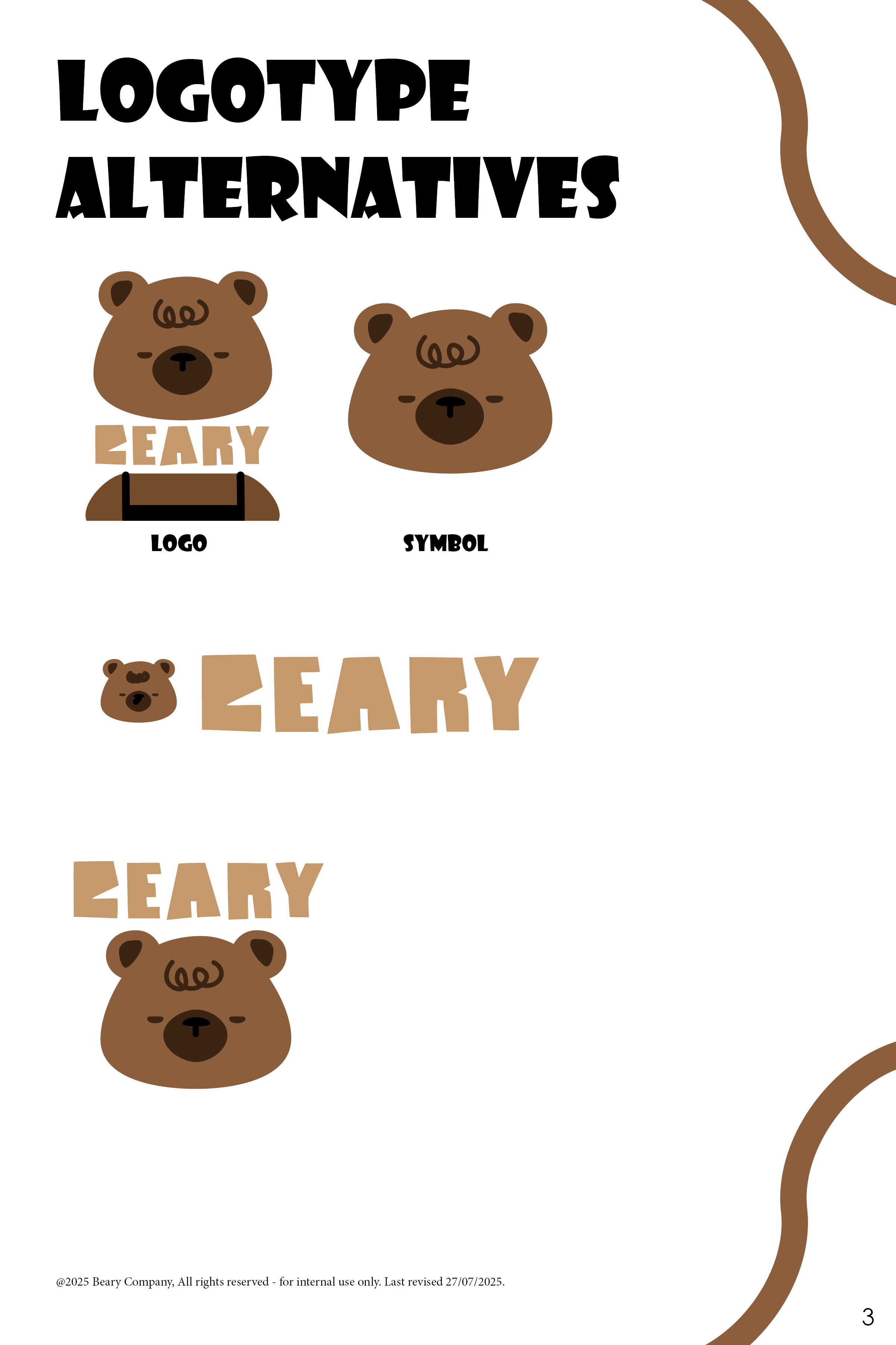 Logo type alternatives for Beary Company featuring a stylized brown bear face with curly hair and the word 'BEARY' in block letters in various arrangements.