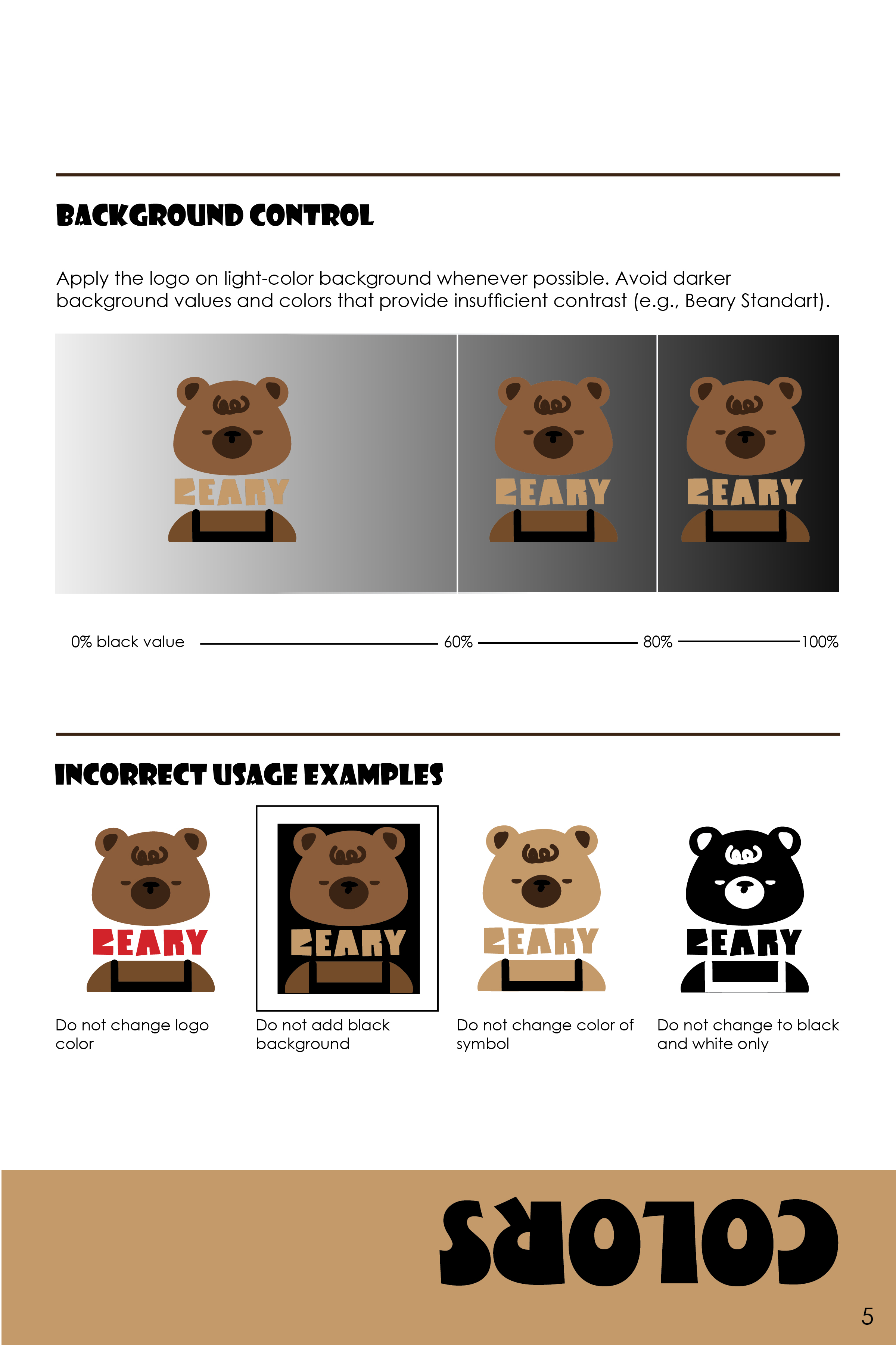 Brand guidelines showing correct logo usage on light backgrounds with fading bear logo and text, and incorrect examples illustrating not to change logo color, add black background, change symbol color, or convert to black and white only.