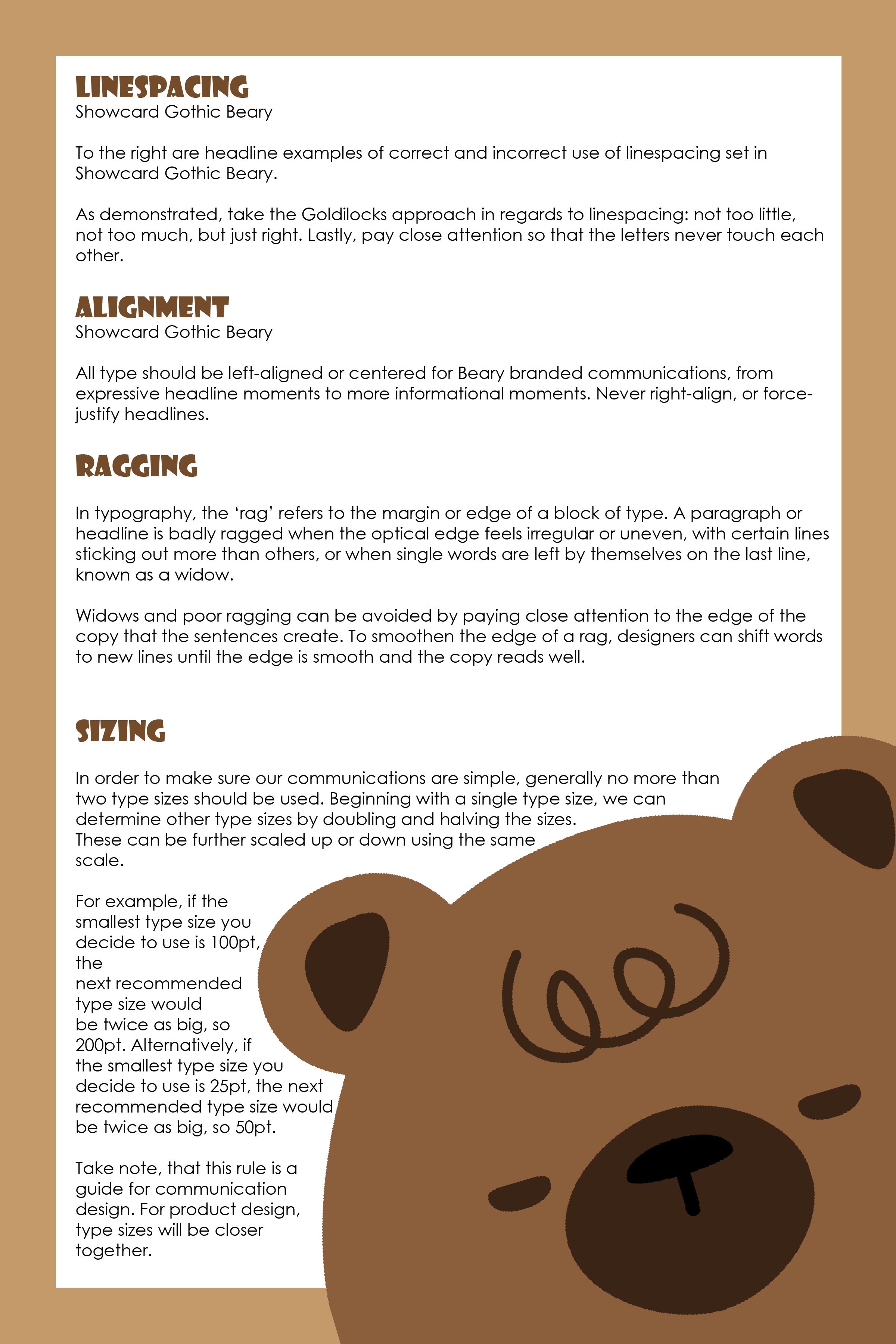 Typography guidelines on linespacing, alignment, ragging, and sizing set in Showcard Gothic Beary font, with a large illustrated bear face in the bottom right corner.