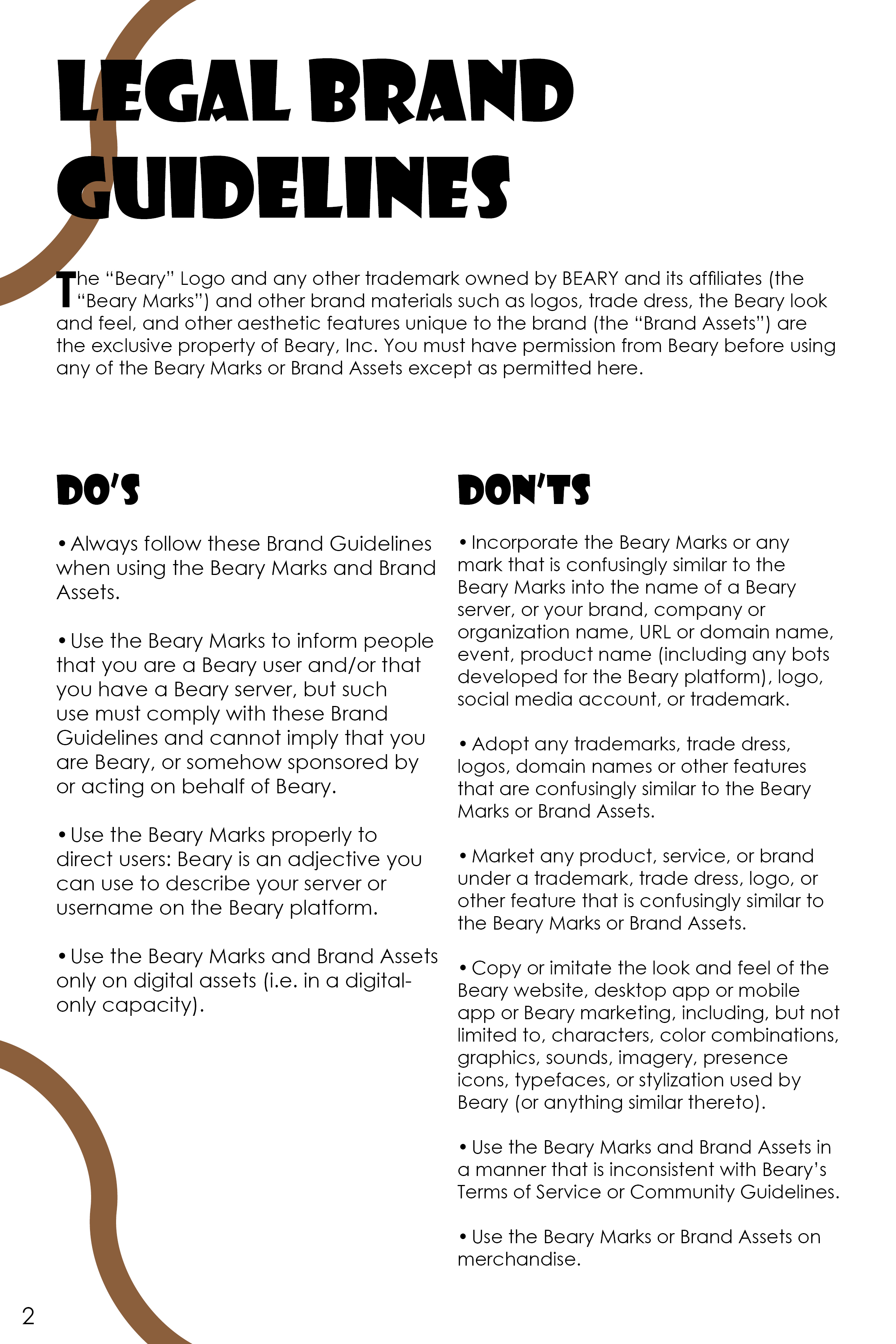 Legal Brand Guidelines document outlining Do's and Don'ts for using Beary Marks and Brand Assets.
