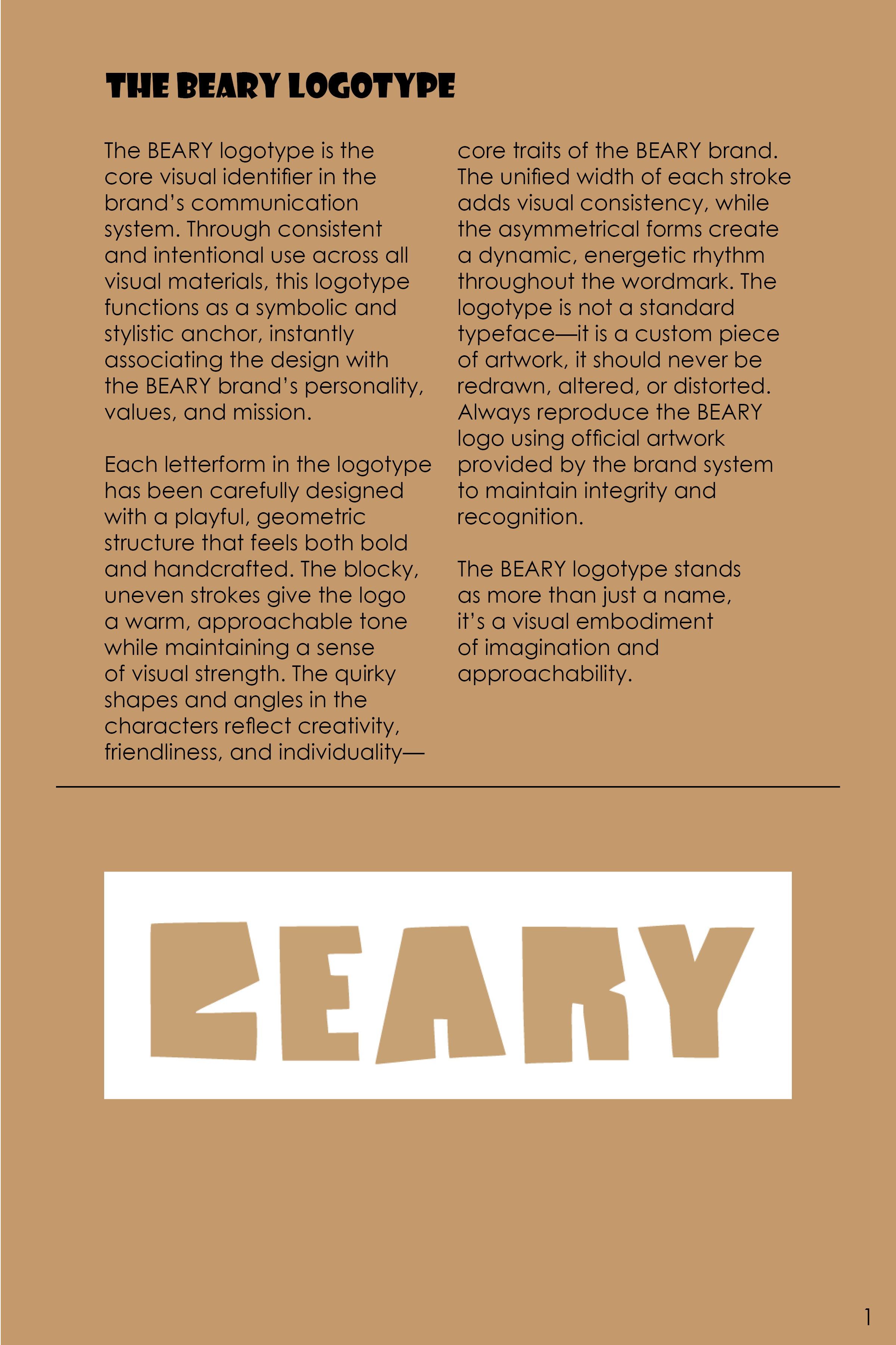Typography page explaining the Beary logotype's design, traits, and importance, showing the BEARY wordmark in a bold, blocky geometric font.