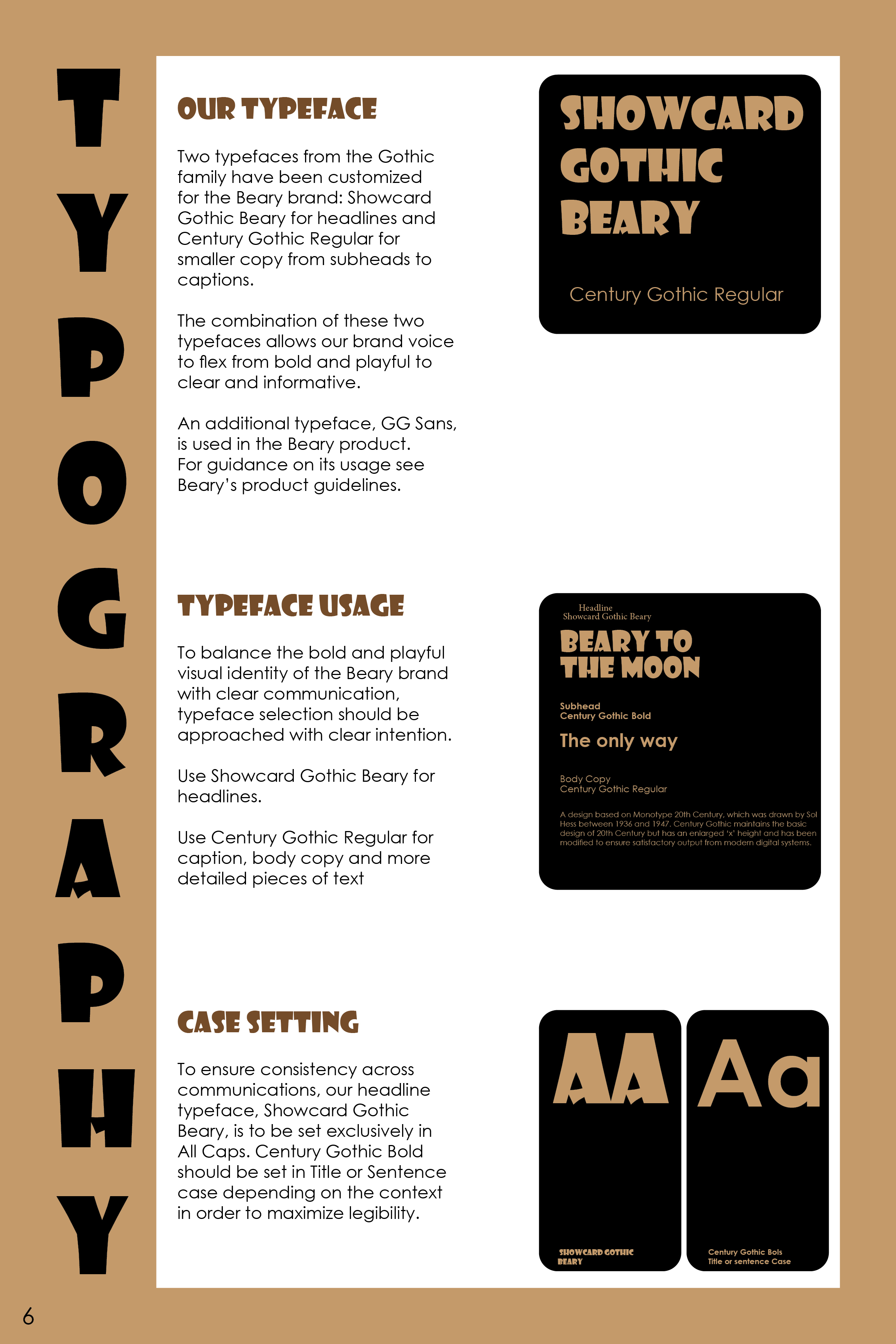 Typography guidelines for Beary brand showing customized Showcard Gothic Beary and Century Gothic Regular fonts with usage instructions and case setting details.