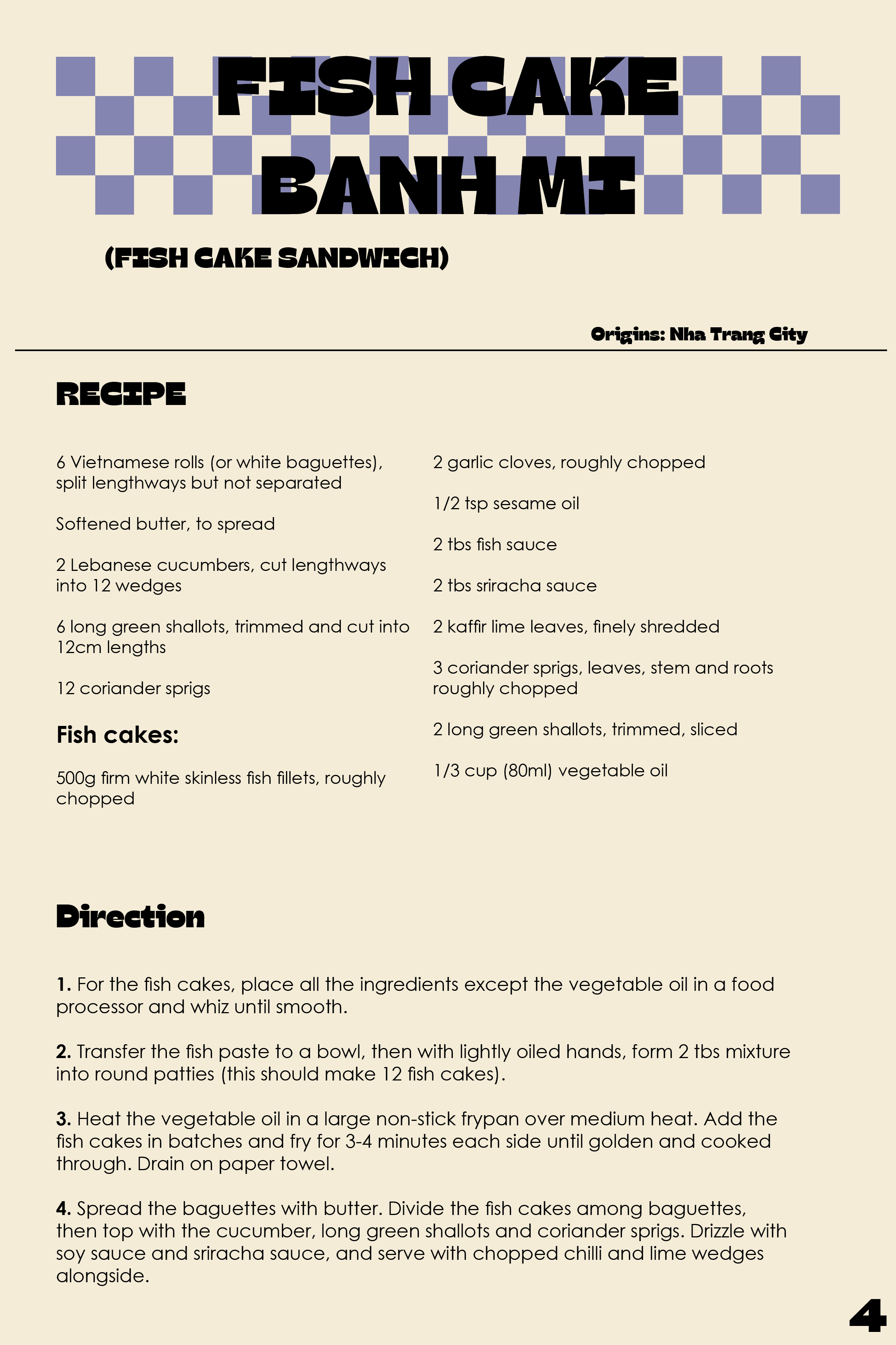 Recipe page for Fish Cake Banh Mi with ingredients and step-by-step cooking directions.