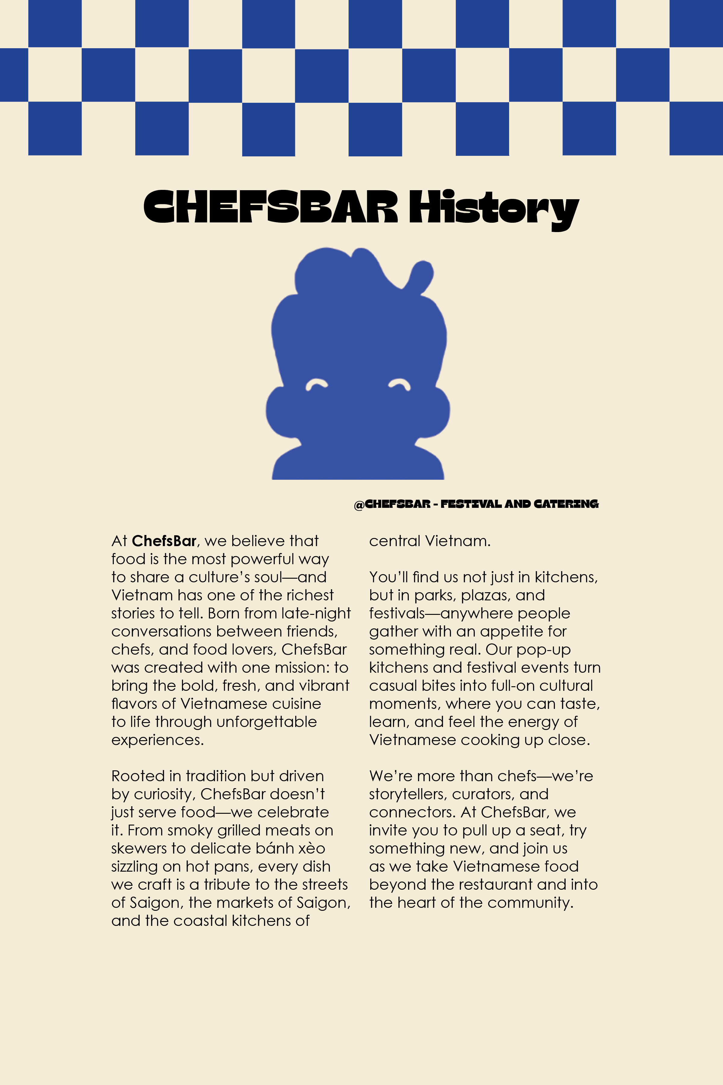 Page titled CHEFSBAR History with text describing ChefsBar's mission to bring bold Vietnamese cuisine to life through vibrant, cultural food experiences and community events.